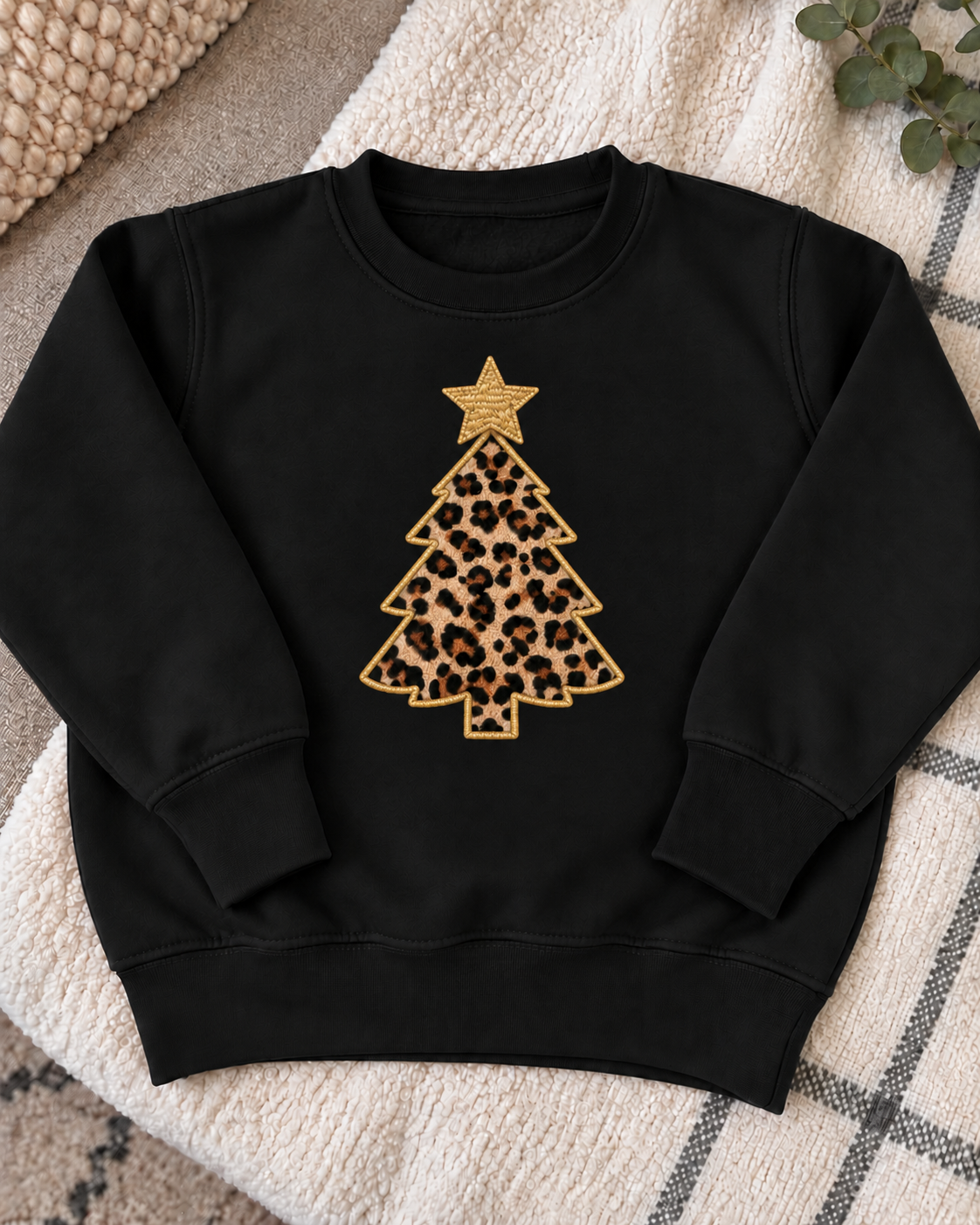 Embroidered leopard print Christmas tree jumper
