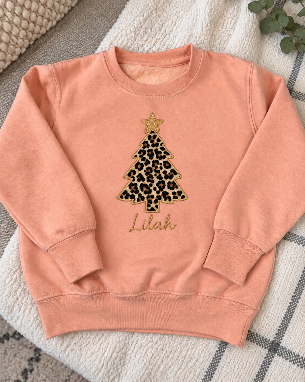 Embroidered leopard print Christmas tree jumper