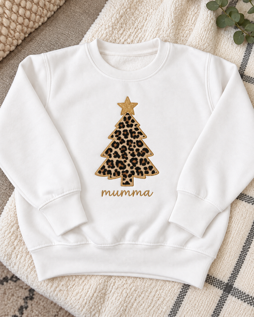Embroidered leopard print Christmas tree jumper