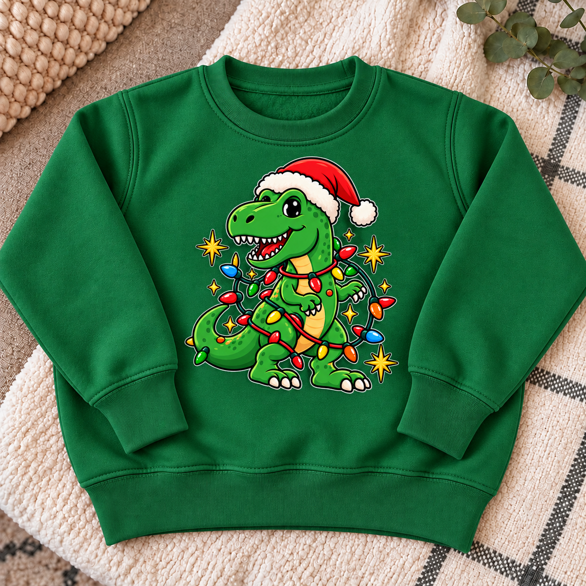 Santa Saurus sweatshirt flat lay