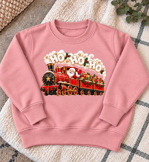Pink Christmas train jumper with HO HO HO print centred on chest