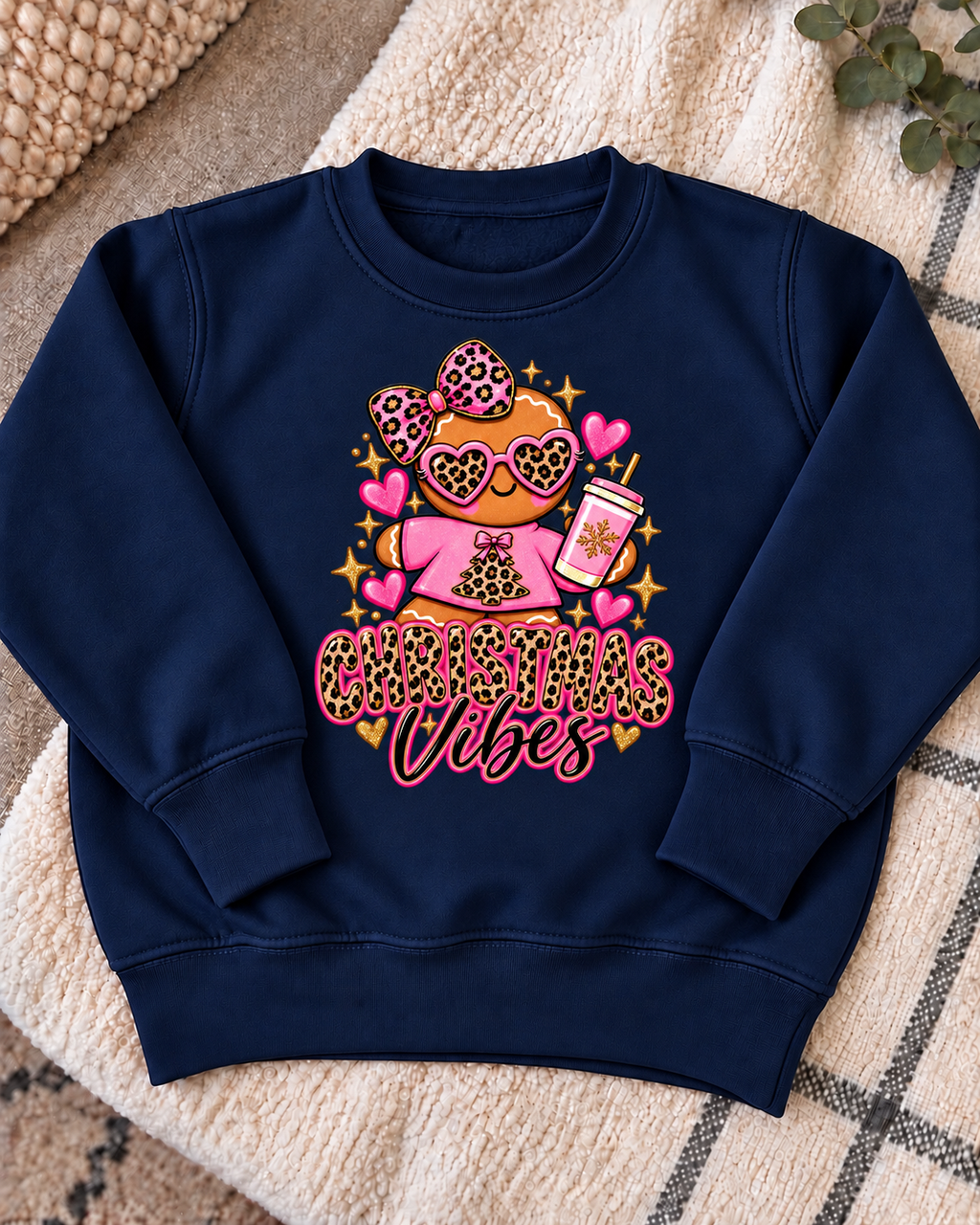 navy Christmas Vibes Gingerbread jumper with design centred on chest