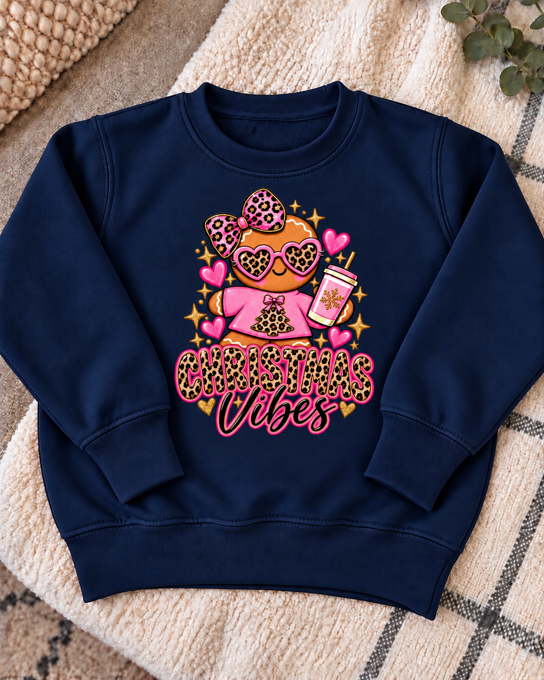 navy Christmas Vibes Gingerbread jumper with design centred on chest