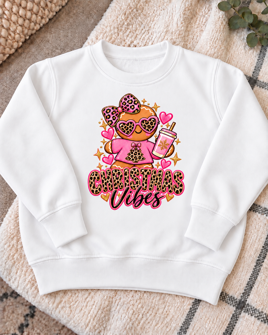 white Christmas Vibes Gingerbread jumper with design centred on chest