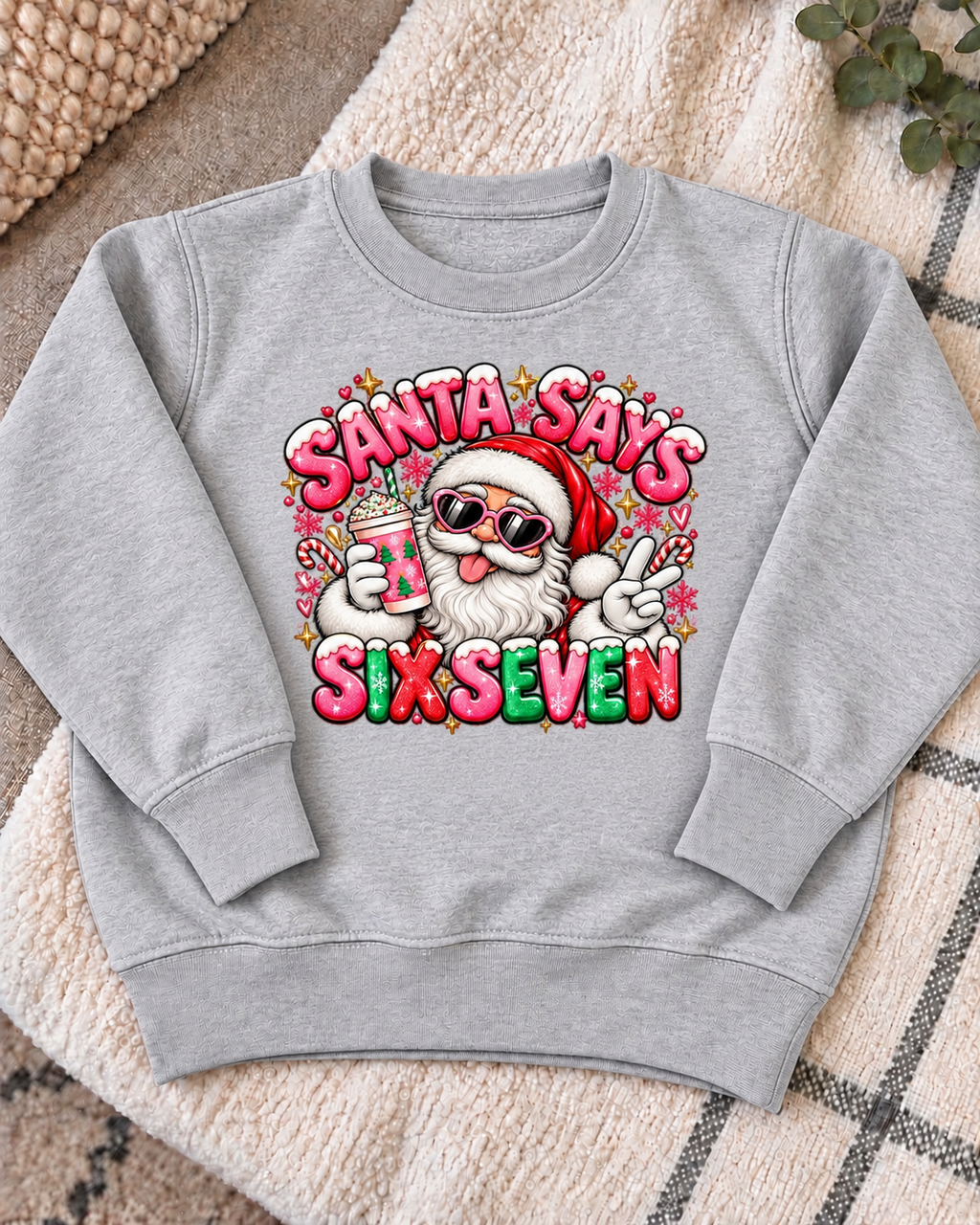 Grey Girly Santa Says Six Seven jumper, centred artwork