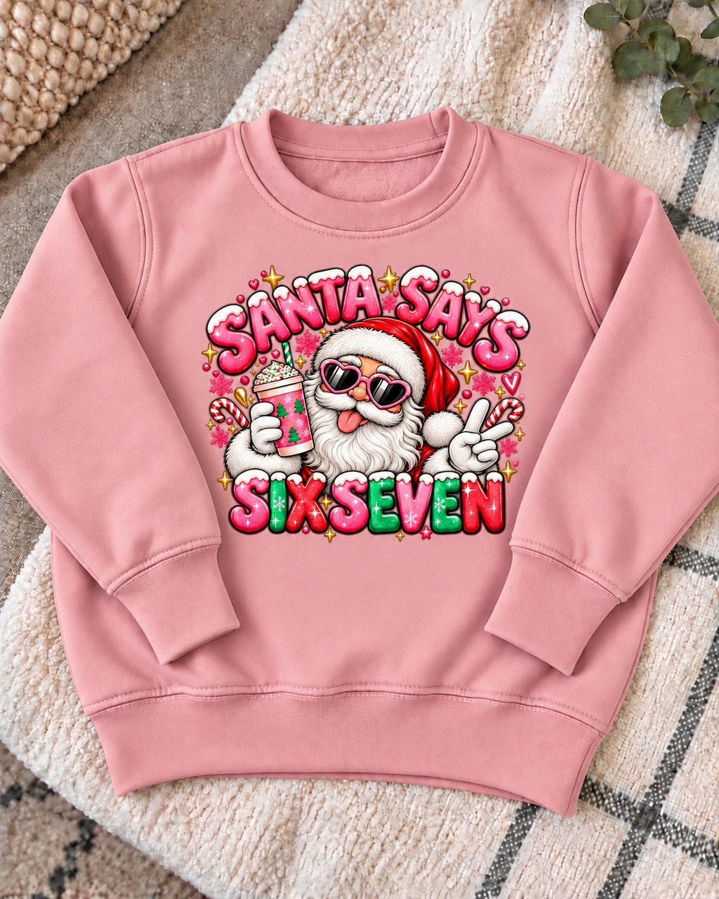 Pink Girly Santa Says Six Seven jumper, centred artwork
