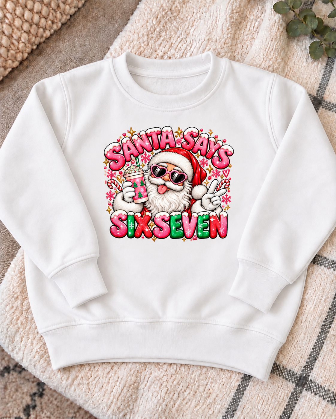 White Girly Santa Says Six Seven jumper, centred artwork