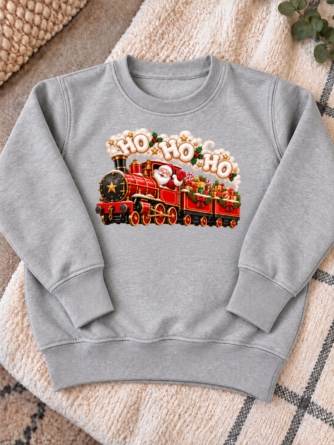 Grey Christmas Steam Train Jumper with centred Santa and HO HO HO print