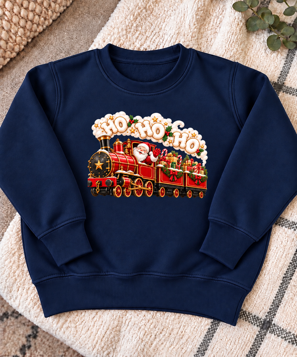 Navy Christmas steam train jumper with centred Santa and HO HO HO design