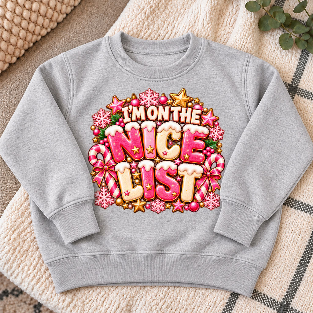 Pink Nice List sweatshirt flat lay