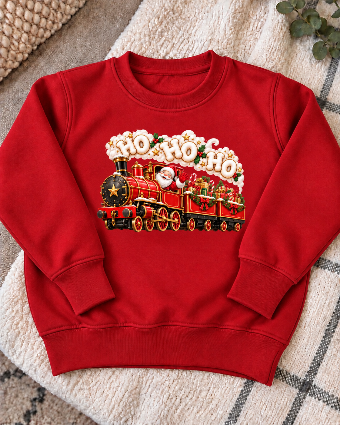 Red Christmas Steam Train Jumper, Santa and HO HO HO print centred on chest