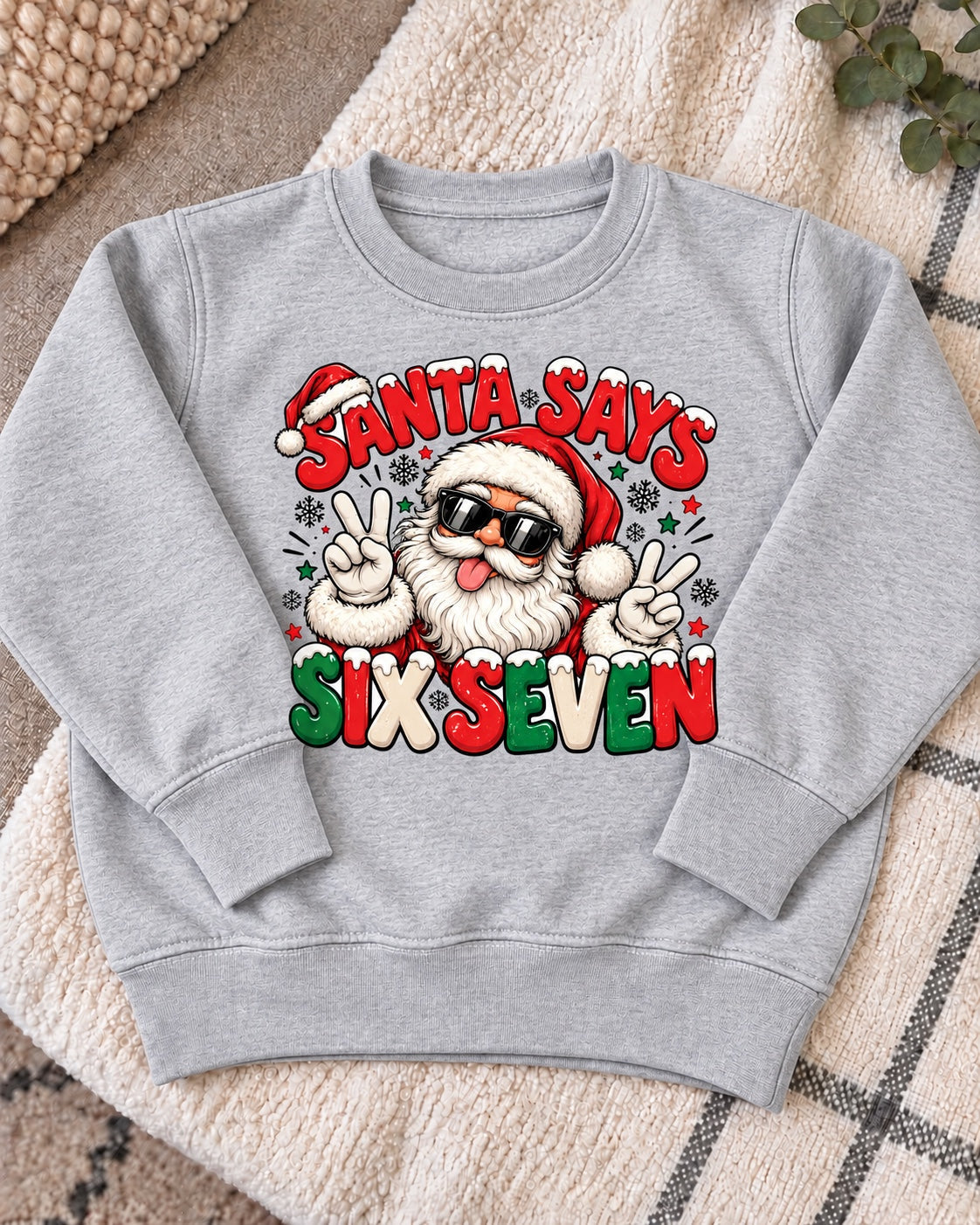 Santa Says Six Seven jumper - light grey flat lay