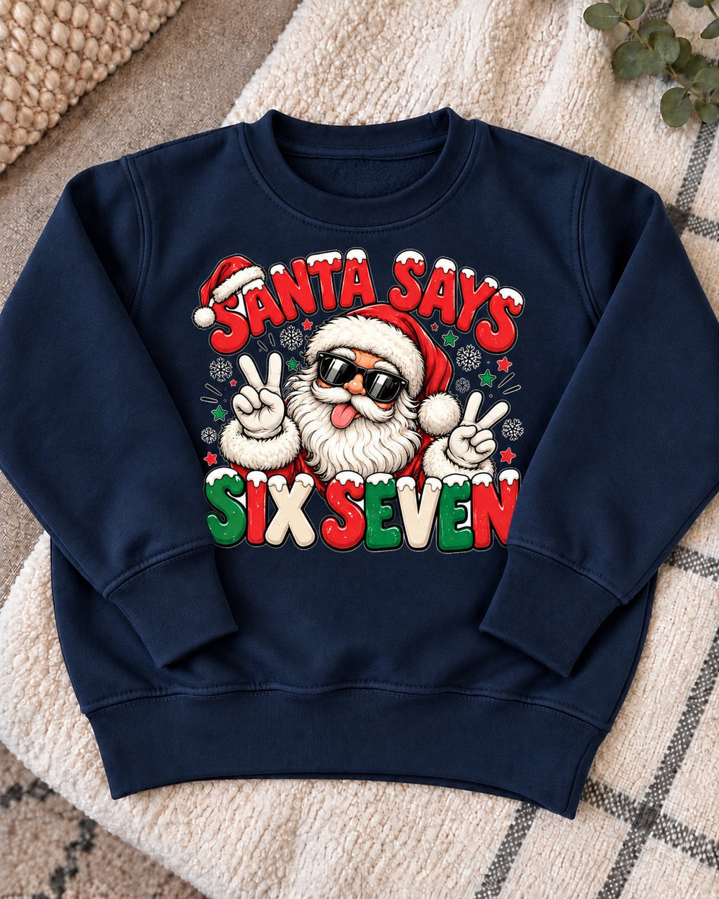 Santa Says Six Seven jumper - navy flat lay