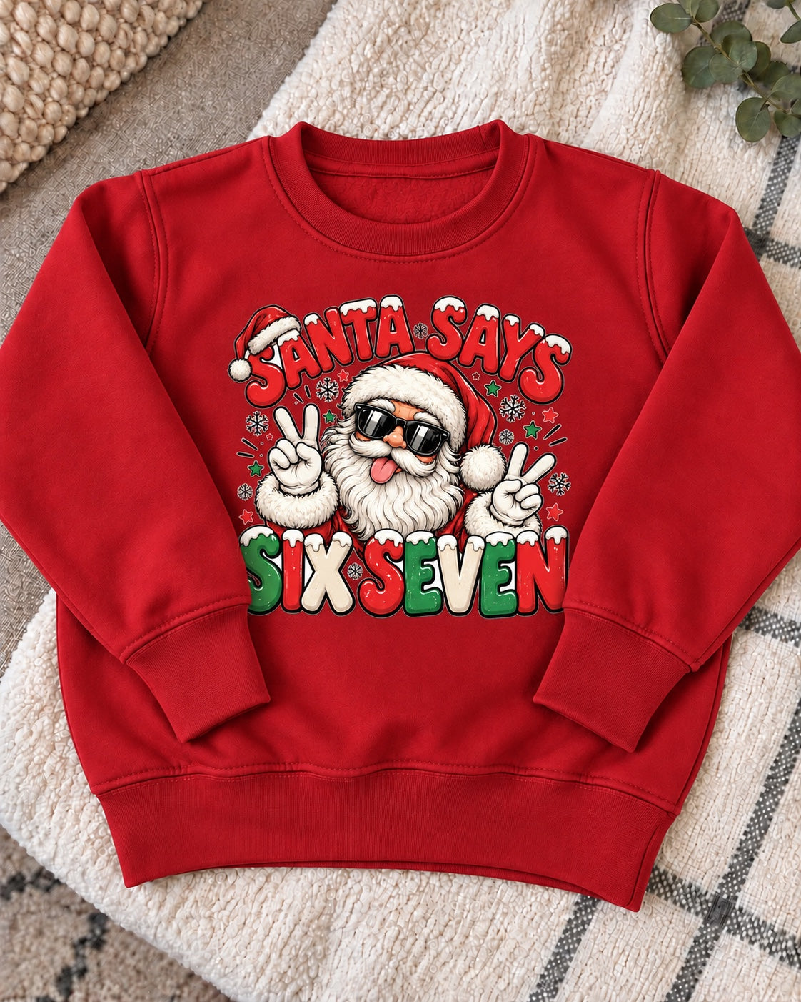 Santa Says Six Seven jumper - red flat lay