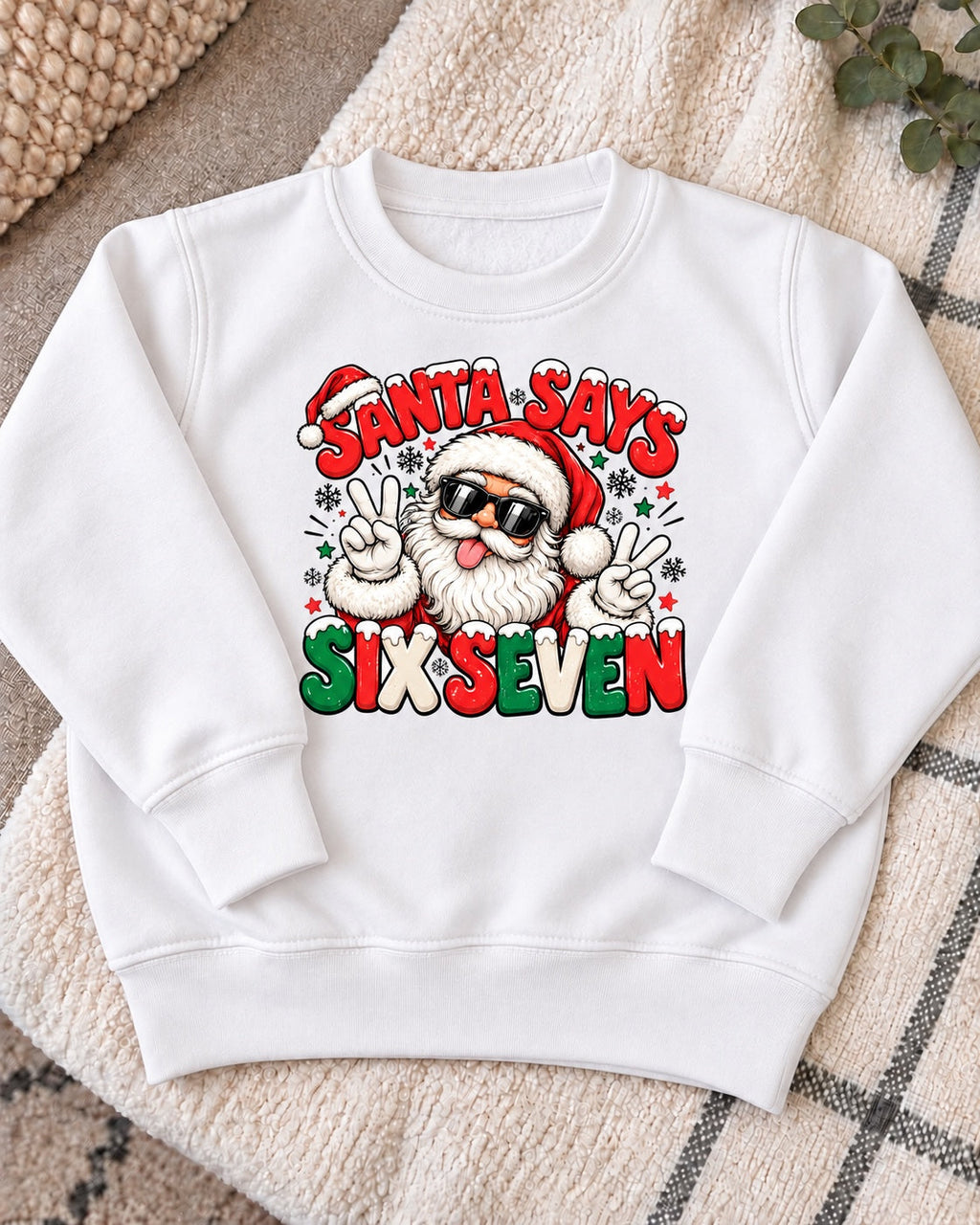 Santa Says Six Seven jumper - white flat lay