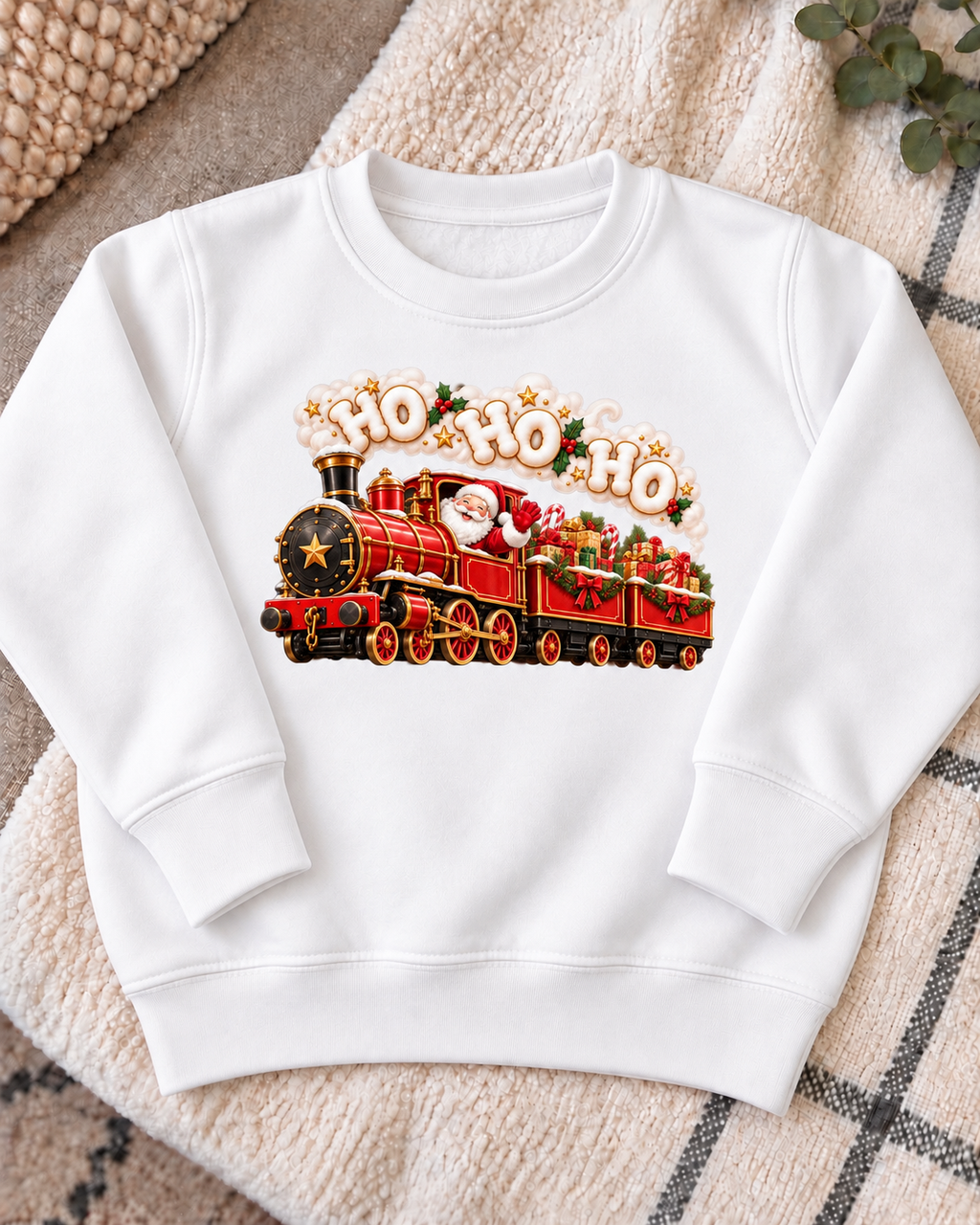 White Christmas Steam Train Jumper with centred Santa train and HO HO HO design