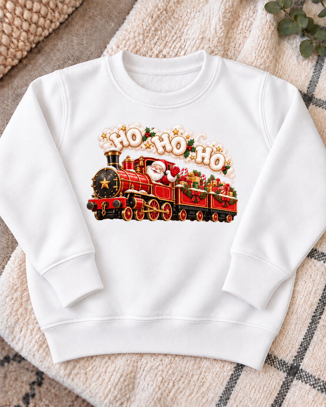 White Christmas Steam Train Jumper with centred Santa train and HO HO HO design